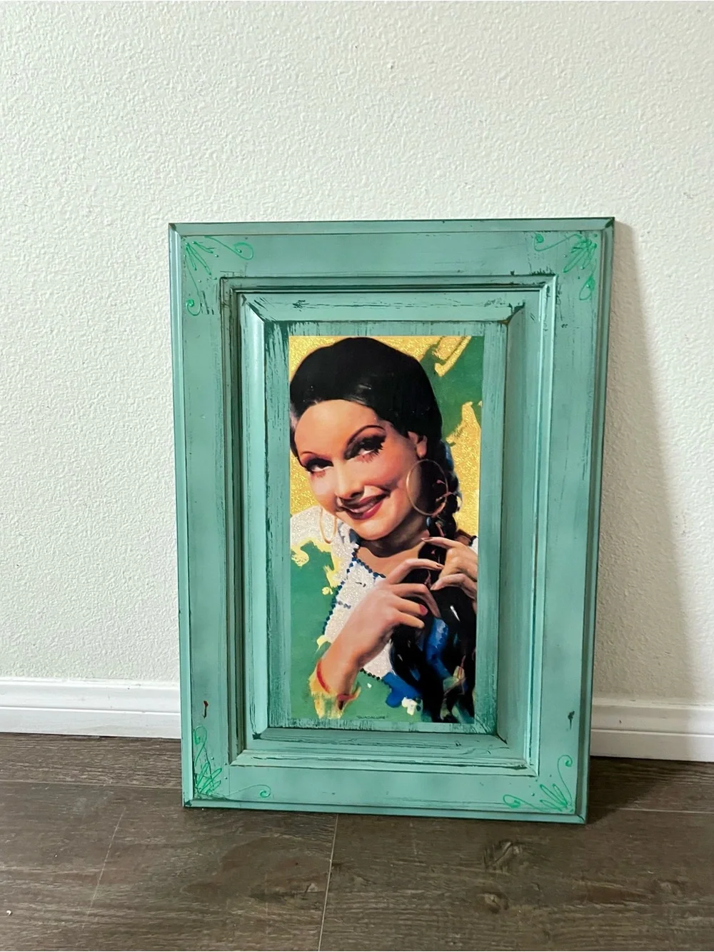 Turquoise Distressed Wood Picture Frame with Portrait Artwork